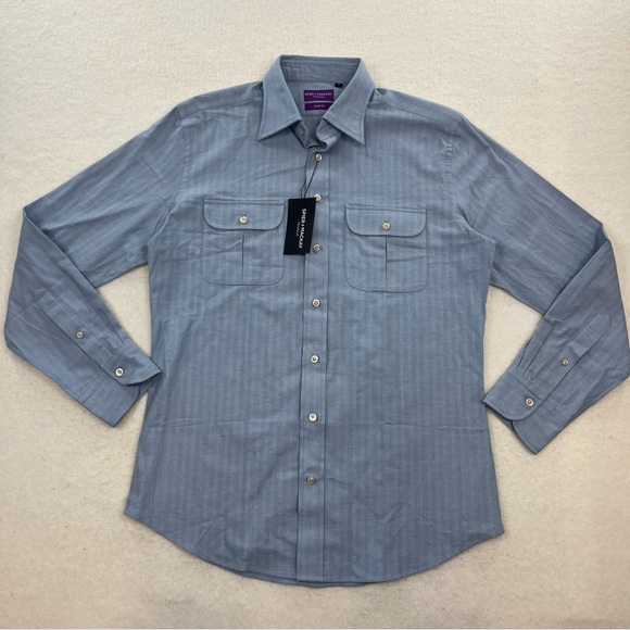 NWT Spier & Mackay Slim Fit Blue Herringbone Button Down Long Sleeve Size 16 - Picture 1 of 7